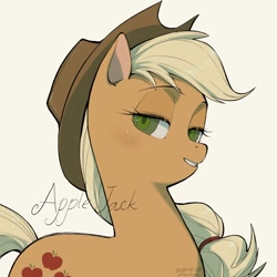 Size: 1024x1024 | Tagged: safe, artist:ahchun, applejack, earth pony, pony, female, hat, mare, simple background, smiling, white background