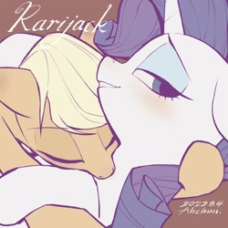 Size: 2010x2010 | Tagged: safe, artist:ahchun, applejack, rarity, earth pony, pony, unicorn, blushing, eyes closed, female, lesbian, mare, neck kiss, rarijack, shipping, smiling