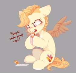 Size: 2736x2653 | Tagged: safe, artist:melodylibris, oc, oc only, pegasus, pony, angry, female, frustrated, mare, mouth hold, open mouth, pill bottle, pills, simple background, sitting, spread wings, talking, wings