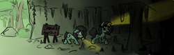 Size: 2574x828 | Tagged: safe, oc, oc only, oc:filly anon, earth pony, pony, cave, danger, female, filly, flashlight (object), headlamp, looking back, mare, mouth hold, scared, shipping, sign, smiling, spelunking, straight, tree, walking