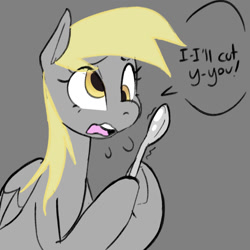 Size: 1500x1500 | Tagged: safe, artist:rirurirue, derpy hooves, pegasus, pony, drawthread, female, gray background, mare, open mouth, simple background, spoon, talking, threatening
