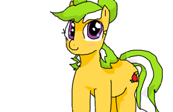 Size: 1006x654 | Tagged: safe, artist:anonymous, apple leaves, earth pony, pony, apple family member, blushing, female, mare, simple background, smiling, white background