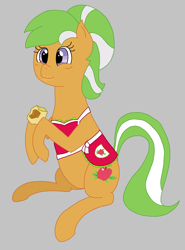 Size: 1478x2000 | Tagged: safe, artist:anonymous, apple leaves, earth pony, pony, apple family member, apron, clothes, crumbs, eating, female, food, gray background, mare, pastry, simple background, sitting, smiling