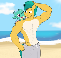 Size: 2701x2574 | Tagged: safe, artist:matchstickman, imported from derpibooru, hitch trailblazer, anthro, dragon, earth pony, abs, baby, baby dragon, beach, clothes, dilf, dragon wings, duo, duo male, fangs, father and child, father and son, g5, grin, hand on head, high res, male, muscles, muscular male, ocean, one eye closed, open mouth, open smile, papa hitch, sand, shorts, shredded hitch, smiling, sparky sparkeroni, spread wings, stallion, stupid sexy hitch trailblazer, summer, swimming trunks, swimsuit, water, wings