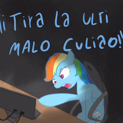 Size: 3000x3000 | Tagged: safe, artist:reinbou, imported from derpibooru, rainbow dash, pegasus, pony, angry, chair, computer, gamer dash, league of legends, light, rage, solo, spanish text, translated in the comments