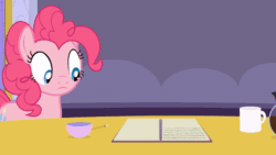 Size: 520x293 | Tagged: safe, artist:agrol, imported from derpibooru, pinkie pie, earth pony, pony, animated, blinking, coffee mug, female, frown, gif, grin, lidded eyes, mare, mug, notebook, smiling, solo, tales of adventurers