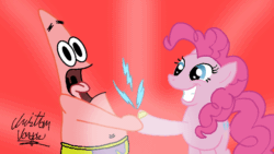 Size: 640x360 | Tagged: safe, artist:jeageruzumaki, imported from derpibooru, pinkie pie, earth pony, pony, starfish, animated, crossover, joy buzzer, patrick star, pranks a lot, slapstick, spongebob squarepants