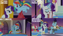 Size: 1280x720 | Tagged: safe, edit, edited screencap, editor:quoterific, imported from derpibooru, screencap, rainbow dash, rarity, wind rider, pegasus, pony, unicorn, rarity investigates, season 5, balloon, eyes closed, female, flying, magic, male, mare, open mouth, open smile, smiling, spread wings, stallion, telekinesis, text, wings