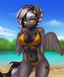 Size: 1714x2048 | Tagged: safe, artist:yutakira92, imported from derpibooru, oc, oc only, oc:zephyr, oc:zephyrai, anthro, pegasus, abs, absolute cleavage, accessory, anthro oc, arm behind back, beach, belly button, bikini, black and white mane, black and white tail, blue sky, breasts, cleavage, clothes, cloud, collarbone, eyebrows, eyebrows visible through hair, female, gray coat, grayscale, hips, monochrome, partially open wings, pegasus oc, sand, smiling, smirk, solo, swimsuit, tree, water, wings, yellow bikini, yellow eyes, yellow swimsuit