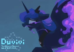 Size: 2048x1431 | Tagged: safe, artist:duvivi, imported from derpibooru, princess luna, alicorn, pony, blue background, fangs, female, horn, jewelry, mare, open mouth, profile, regalia, simple background, solo, wings