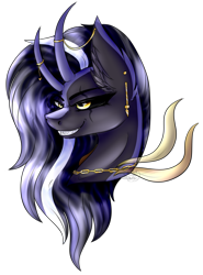 Size: 2025x2733 | Tagged: safe, artist:beamybutt, imported from derpibooru, oc, oc only, bicorn, pony, bust, chains, ear fluff, grin, horn, horn jewelry, jewelry, multiple horns, simple background, smiling, solo, transparent background