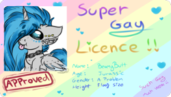Size: 1195x679 | Tagged: safe, artist:beamybutt, imported from derpibooru, oc, oc only, oc:moonbeam, alicorn, pony, :p, alicorn oc, bust, chains, ear fluff, eyelashes, female, horn, id card, license, mare, solo, super gay, tongue out, wings