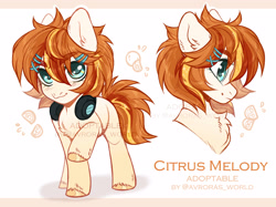Size: 3350x2500 | Tagged: safe, artist:avroras_world, imported from derpibooru, oc, oc only, earth pony, pony, accessory, adoptable, auction, chest fluff, ear fluff, female, fluffy, hairpin, headphones, looking at you, mare, reference sheet, short hair, short mane, short tail, simple background, smiling, solo, tail, white background
