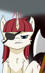 Size: 250x400 | Tagged: safe, artist:tx547, imported from derpibooru, oc, oc only, oc:fausticorn, alicorn, pony, axe, cheek fluff, eyepatch, solo, weapon