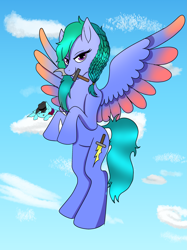 Size: 2357x3144 | Tagged: safe, artist:lullabyjak, imported from derpibooru, oc, oc only, oc:crimson rose, pegasus, pony, cloud, knife, mouth hold, on a cloud, sky background, sleeping, sleeping on a cloud, solo focus