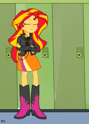 Size: 1718x2400 | Tagged: safe, artist:anonymous, imported from derpibooru, sunset shimmer, human, equestria girls, better source needed, boots, clothes, headphones, high heel boots, jacket, shirt, shoes, skirt, solo