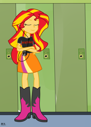 Size: 1718x2400 | Tagged: safe, artist:anonymous, imported from derpibooru, sunset shimmer, human, equestria girls, better source needed, boots, clothes, headphones, high heel boots, shirt, shoes, simple background, skirt, solo