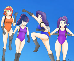Size: 1280x1062 | Tagged: safe, artist:film77asq, imported from derpibooru, rarity, sci-twi, starlight glimmer, sunset shimmer, human, equestria girls, clothes, flying, jetpack, legs together, leotard