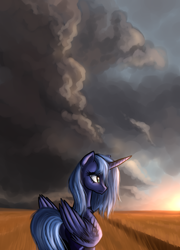 Size: 1158x1610 | Tagged: safe, artist:not-ordinary-pony, derpibooru exclusive, imported from derpibooru, princess luna, alicorn, pony, cloud, cloudscape, female, food, mare, missing accessory, rear view, s1 luna, sad, scenery, sky, solo, storm, sunset, wheat