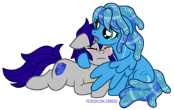 Size: 1000x632 | Tagged: safe, artist:jennieoo, imported from derpibooru, oc, oc:maverick, oc:ocean soul, earth pony, pegasus, pony, blushing, comforting, couple, crying, cuddling, hug, love, married couple, show accurate, simple background, soulverick, transparent background, vector