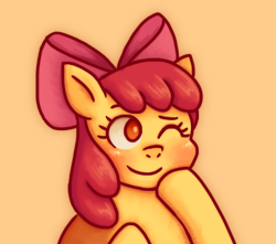 Size: 386x341 | Tagged: safe, artist:memethyst-art, imported from derpibooru, apple bloom, earth pony, pony, adorabloom, blushing, cute, female, filly, foal, one eye closed, simple background, smiling, solo, wink