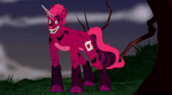 Size: 694x386 | Tagged: safe, artist:sanekk, imported from derpibooru, oc, oc only, oc:venus red heart, pony, robot, robot pony, unicorn, animated, animatronic, broken horn, commission, crossover, fangs, female, five nights at freddy's, gif, glasses, grass, grin, horn, mare, markings, night, not tempest shadow, red eyes take warning, smiling, solo, tree, unshorn fetlocks, ych result