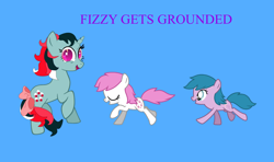 Size: 1396x828 | Tagged: safe, artist:elidapony64, artist:flutterflyraptor, artist:tomypony345, edit, imported from derpibooru, baby half note, baby sundance, fizzy, earth pony, pony, twinkle eyed pony, baby, baby hawwlf note, baby pony, baby sundawwnce, blue background, cute, female, filly, fizzybetes, foal, g1, g4, grounded, mare, nursery twins, purple text, siblings, simple background, sisters, text, trio, twins
