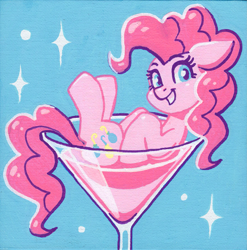 Size: 1759x1780 | Tagged: safe, artist:dandy, imported from derpibooru, pinkie pie, earth pony, pony, acrylic painting, blue background, cocktail glass, cup, cup of pony, female, floppy ears, looking at you, martini glass, micro, simple background, smiling, solo, traditional art