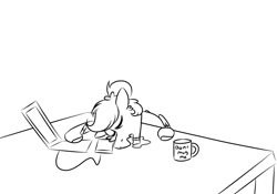 Size: 1000x700 | Tagged: safe, artist:fuckomcfuck, imported from derpibooru, oc, oc only, oc:doodles, pegasus, pony, computer, demi-girl, drawing tablet, drool, eyes closed, food, laptop computer, monochrome, mug, open mouth, pegasus oc, simple background, sleeping, solo, table, tea, white background