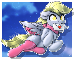 Size: 1298x1035 | Tagged: safe, artist:llametsul, imported from derpibooru, derpy hooves, pegasus, pony, atg 2022, chest fluff, clothes, colored, cute, ear fluff, female, floppy ears, flying, hockless socks, letter, mare, mouth hold, newbie artist training grounds, no pupils, scarf, signature, socks, solo, stockings, thigh highs