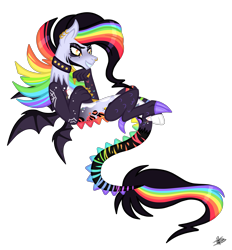 Size: 3785x4080 | Tagged: safe, artist:princessmoonsilver, imported from derpibooru, oc, oc only, oc:cosmic mayhem, draconequus, bat wings, draconequus oc, ear piercing, earring, grin, high res, jewelry, multicolored hair, nose piercing, piercing, rainbow hair, rainbow tail, signature, simple background, smiling, solo, tail, transparent background, wings