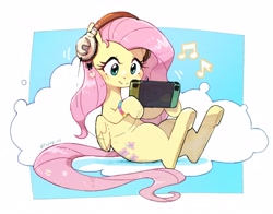Size: 2821x2214 | Tagged: safe, artist:fuyugi, imported from derpibooru, fluttershy, pegasus, pony, abstract background, blushing, bracelet, cloud, cute, female, folded wings, gamershy, hair accessory, headphones, holding, hoof hold, jewelry, lying down, mare, music notes, nintendo, nintendo switch, on a cloud, on back, shyabetes, signature, smiling, solo, sweet dreams fuel, wings