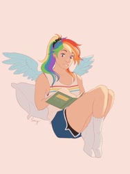 Size: 1536x2048 | Tagged: safe, artist:faeriejadie, imported from derpibooru, rainbow dash, human, book, clothes, hairband, humanized, missing shoes, ponytail, reading, shorts, socks, solo, stocking feet, tanktop, winged humanization, wings