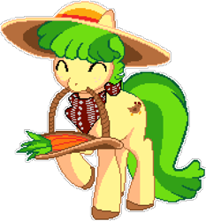 Size: 1068x1146 | Tagged: safe, artist:akitamonster, artist:epicvon, imported from derpibooru, chickadee, ms. peachbottom, earth pony, pony, bandana, basket, carrot, eyes closed, female, food, hat, manepxls, mare, mouth hold, pixel art, pxls.space, raised hoof, simple background, solo, sun hat, transparent background
