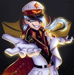 Size: 2800x2840 | Tagged: safe, artist:opal_radiance, imported from derpibooru, daybreaker, oc, oc only, oc:opal rosamond, human, badge, belt, belt buckle, clothes, eyebrows, female, grin, hat, high res, humanized, implied daybreaker, looking at you, necktie, simple background, smiling, smiling at you, solarist, solo, transparent background, uniform