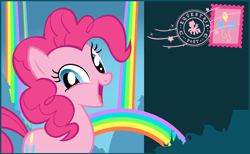 Size: 844x520 | Tagged: safe, imported from twibooru, pinkie pie, earth pony, pony, blue eyes, cutie mark, female, friendship celebration, image, looking at you, mare, open smile, pink mane, pink tail, png, postcard, silhouette, smiling, smiling at you, solo, stamp