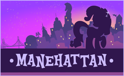 Size: 844x520 | Tagged: safe, imported from twibooru, rarity, pony, unicorn, female, friendship celebration, image, looking back, manehattan, mare, png, postcard, raised hoof, silhouette, solo, sparkles, text