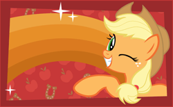 Size: 844x520 | Tagged: safe, imported from twibooru, applejack, earth pony, pony, apple, blonde mane, blonde tail, cowboy hat, female, food, freckles, friendship celebration, green eyes, grin, hat, horseshoes, image, looking at you, mare, one eye closed, orange coat, png, postcard, smiling, solo, sparkles, wide smile, wink, winking at you