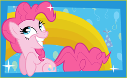 Size: 844x520 | Tagged: safe, imported from twibooru, pinkie pie, earth pony, pony, balloon, biting, blue eyes, female, friendship celebration, grin, hat, image, looking up, mare, party hat, pink coat, pink mane, pink tail, png, postcard, rainbow, rainbow background, raised hoof, raised hooves, smiling, solo, sparkles, tongue bite, wide smile