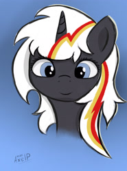 Size: 3264x4421 | Tagged: safe, artist:axelp, imported from derpibooru, oc, oc only, oc:velvet remedy, pony, unicorn, fallout equestria, bust, female, gradient background, high res, horn, looking at you, mare, portrait, smiling, smiling at you, unicorn oc