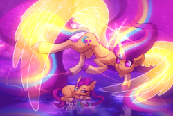 Size: 6000x4000 | Tagged: safe, artist:shad0w-galaxy, imported from derpibooru, rainbow dash, rarity, sunny starscout, alicorn, earth pony, pegasus, pony, unicorn, absurd resolution, ethereal mane, ethereal wings, female, flying, g5, horn, magic, mare, my little pony: a new generation, pink eyes, race swap, starry eyes, starry mane, sunnycorn, transparent horn, transparent wings, wingding eyes, wings