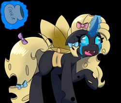 Size: 2048x1746 | Tagged: safe, artist:askhypnoswirl, imported from derpibooru, oc, oc only, oc:decora, changeling, black background, bow, changeling oc, cookie, cookie jar, crying, female, food, hair bow, magic, mare, open mouth, raised hoof, simple background, solo, spread wings, tail, tail bow, telekinesis, wings, yellow changeling