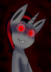 Size: 1475x2048 | Tagged: safe, artist:askhypnoswirl, imported from derpibooru, oc, oc only, pony, unicorn, bipedal, black background, edgy, glow, glowing eyes, looking at you, male, no catchlights, red background, sharp teeth, simple background, solo, stallion, teeth