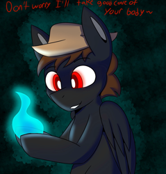 Size: 1958x2048 | Tagged: safe, artist:askhypnoswirl, imported from derpibooru, oc, oc only, pegasus, pony, bipedal, dialogue, eyebrows, eyebrows visible through hair, folded wings, hat, male, simple background, solo, soul, stallion, wings