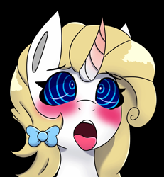 Size: 1894x2048 | Tagged: safe, artist:askhypnoswirl, imported from derpibooru, oc, oc only, oc:decora, pony, unicorn, ahegao, black background, blushing, bow, curved horn, eyebrows, eyebrows visible through hair, female, hair bow, horn, hypnosis, hypnotized, mare, open mouth, simple background, solo, swirly eyes, tongue out