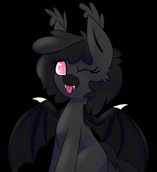 Size: 1879x2048 | Tagged: safe, artist:askhypnoswirl, imported from derpibooru, oc, oc only, bat pony, pony, ;p, black background, cute, ear tufts, eye clipping through hair, female, looking at you, mare, one eye closed, simple background, sitting, solo, spread wings, tongue out, wings, wink, winking at you
