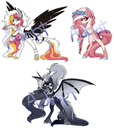 Size: 2948x3285 | Tagged: safe, artist:beamybutt, imported from derpibooru, oc, oc only, alicorn, bat pony, bat pony alicorn, earth pony, pegasus, pony, bat pony oc, bat wings, colored hooves, ear fluff, earth pony oc, floral head wreath, flower, horn, pegasus oc, raised hoof, rearing, simple background, transparent background, wings