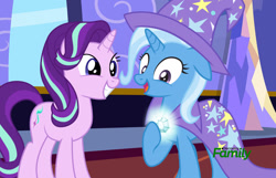 Size: 1280x825 | Tagged: safe, artist:disneymarvel96, edit, imported from derpibooru, screencap, vector edit, starlight glimmer, trixie, unicorn, brooch, cape, clothes, discovery family, discovery family logo, duo, fake screencap, fake screenshot, female, gem, glowing, glowing gems, hat, jewelry, lesbian, lightup, logo, shipping, startrix, trixie's brooch, trixie's cape, trixie's hat, vector