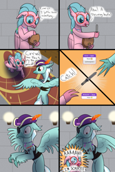 Size: 2000x3000 | Tagged: safe, artist:mightyshockwave, imported from derpibooru, oc, oc only, oc:cirrus (hippogriff), oc:windsurfer, hippogriff, tails of equestria, accident, comic, hippogriff oc, this will end in death, this will end in tears, this will end in tears and/or death, throwing knife