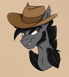 Size: 1245x1389 | Tagged: safe, artist:rutkotka, imported from derpibooru, oc, oc only, bat pony, pony, bat pony oc, commission, cowboy hat, hat, simple background, solo, tan background, ych result